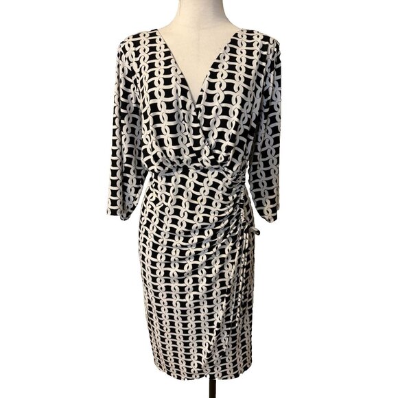 London Times Dress 18W Black White Chain Link 3/4 Long Sleeve Stretch Washable - Picture 1 of 11